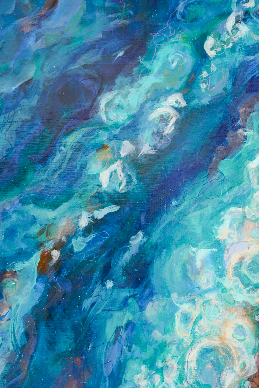 Close-up of Stream of Consciousness: swirling turquoise, cobalt and aqua strokes with pale foam-like curls and touches of rust.