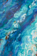 Close-up of Stream of Consciousness: swirling turquoise, cobalt and aqua strokes with pale foam-like curls and touches of rust.