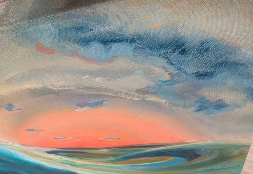 Angled close-up of As The Path Unfolds showing a glowing coral sunset on the horizon beneath stormy blue and gray clouds.