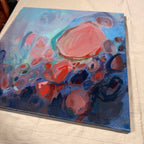Soul Nourished, I Bloom Anew, a square abstract: a large coral bloom rises above clusters of rose, red and navy circles on a misty blue background.