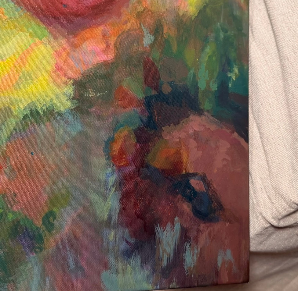 Close-up of Where the Cahaba Winds showing layered dabs of coral, rose, moss green and gold with visible, textured brushstrokes.