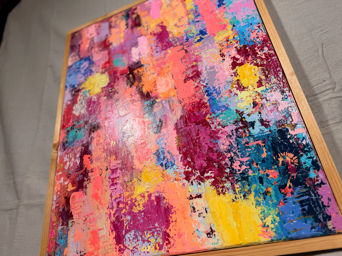 Angled view of Thought Trains, Like High Voltage Electricity Running Through My Veins showing layered, textured patches of hot pink, coral, sunny yellow, teal and violet.
