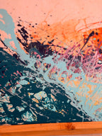Close-up of I Have My Own Gravity showing a wave of dark teal and pale aqua splatter rising into peach and orange.
