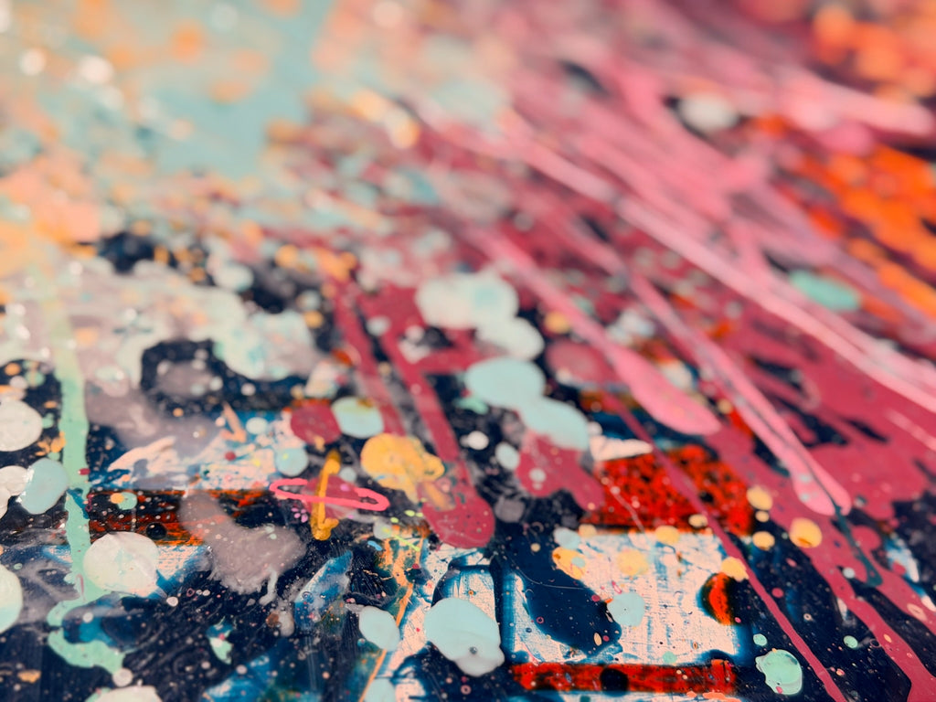 Close-up of I Have My Own Gravity: a dense tangle of pink, mauve and navy drips with dots of mint and glints of red.