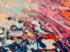 Close-up of I Have My Own Gravity: a dense tangle of pink, mauve and navy drips with dots of mint and glints of red.