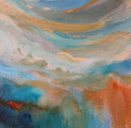 Close-up of As The Path Unfolds showing flowing bands of ochre, teal, cream and orange with visible canvas texture.