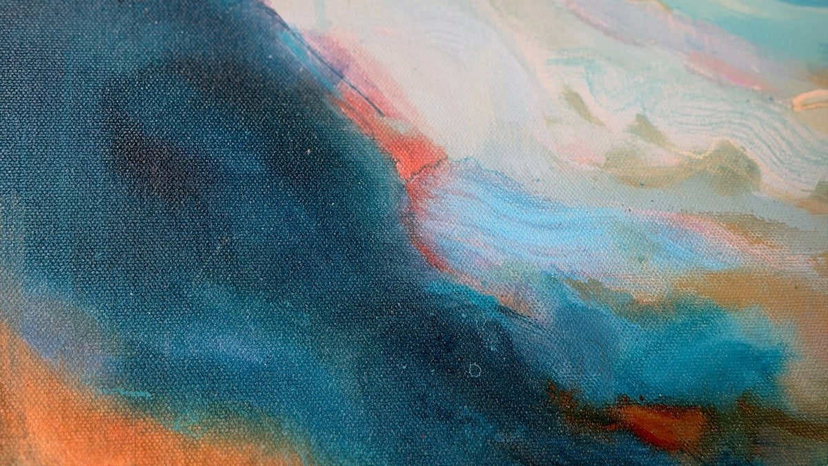 Close-up of As The Path Unfolds: a dark teal wave edge meets soft aqua, cream and coral streaks.