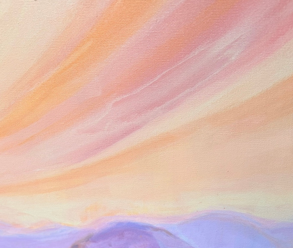 Close-up of the sky in The View From My Latest Summit: soft, sweeping strokes of peach, cream and blush above the first lavender ridge.