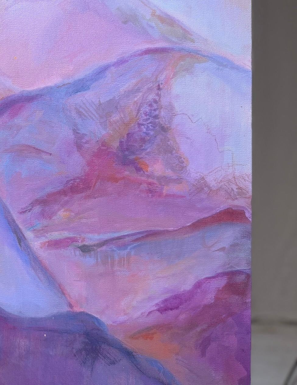 Close-up of The View From My Latest Summit showing layered lilac, rose and periwinkle mountain shapes with fine textured brushwork.