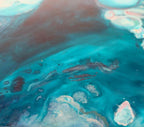 Close-up of Suspended In The Swell showing glossy marbled teal currents with streaks of plum and frothy pale pink cells.