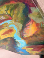 Close-up of Where the Cahaba Winds: a turquoise river curls between thick, buttery strokes of olive green, orange and coral.