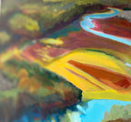 Close-up of Where the Cahaba Winds: a pale blue river ribbon cuts across sweeping bands of golden yellow, deep red and green.