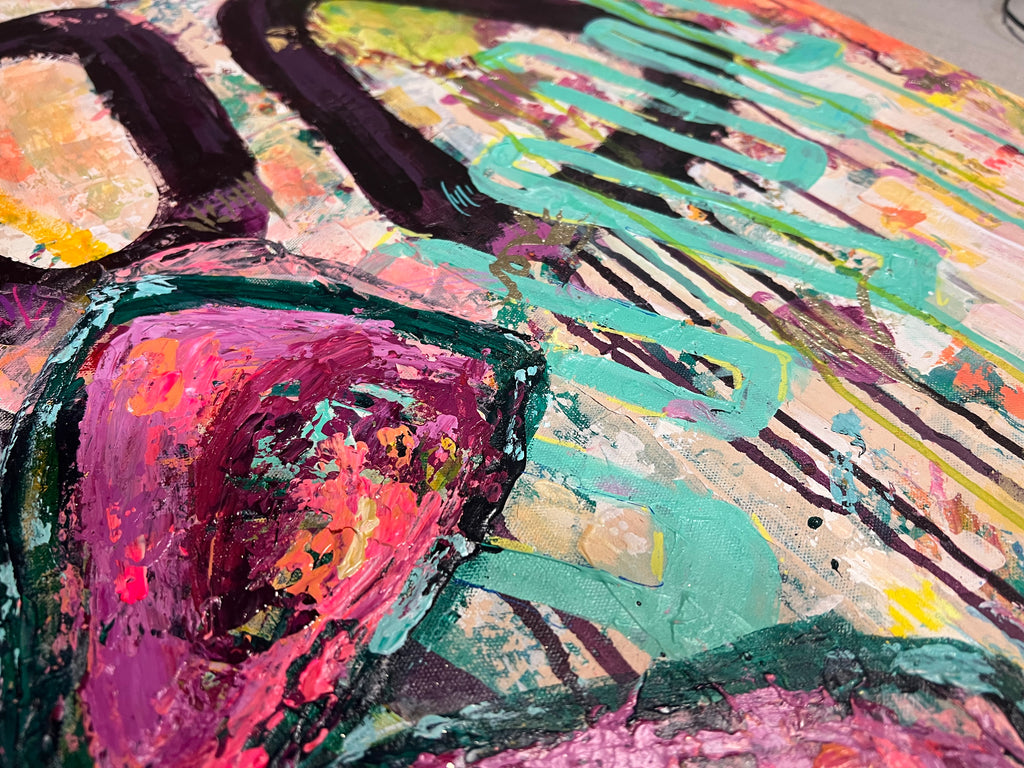 Close-up of In Bloom showing a heavy pink petal, dark green outlines, turquoise squiggles and black drip lines on a warm yellow ground.