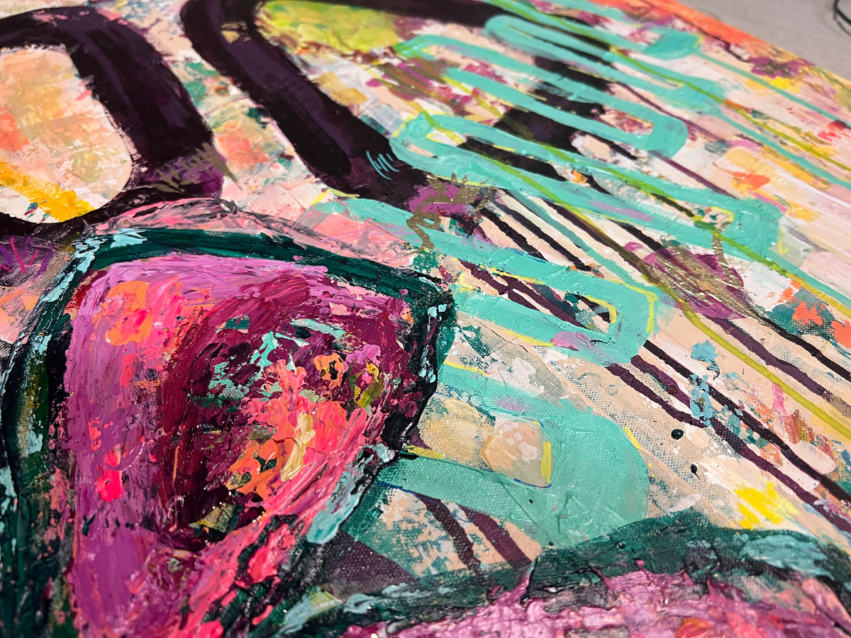 Close-up of In Bloom showing a heavy pink petal, dark green outlines, turquoise squiggles and black drip lines on a warm yellow ground.