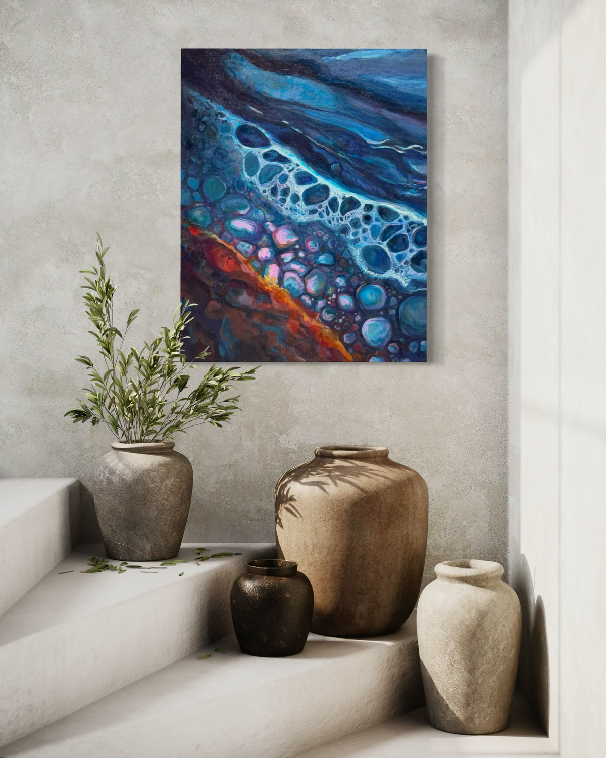 Polished By The Rough Torrent, in mixed media on stretched canvas: glossy pebble-like cells in turquoise and pink over a fiery orange band and navy, above stone steps.