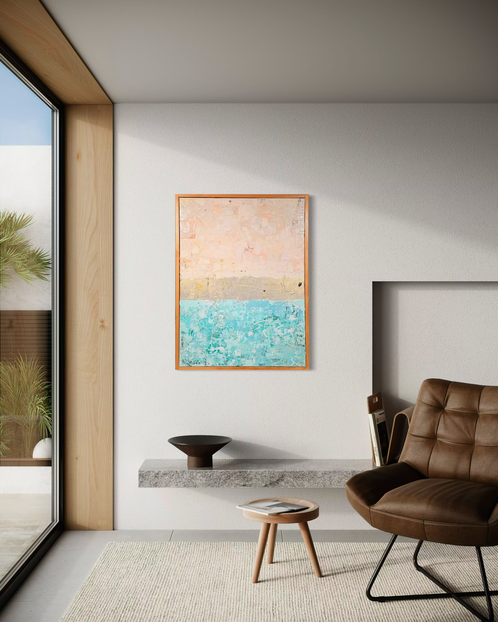 The Money Keeps Us Divided, in mixed media on stretched canvas: a blush upper field and textured turquoise lower field divided by a band of gold, shown in a modern lounge.