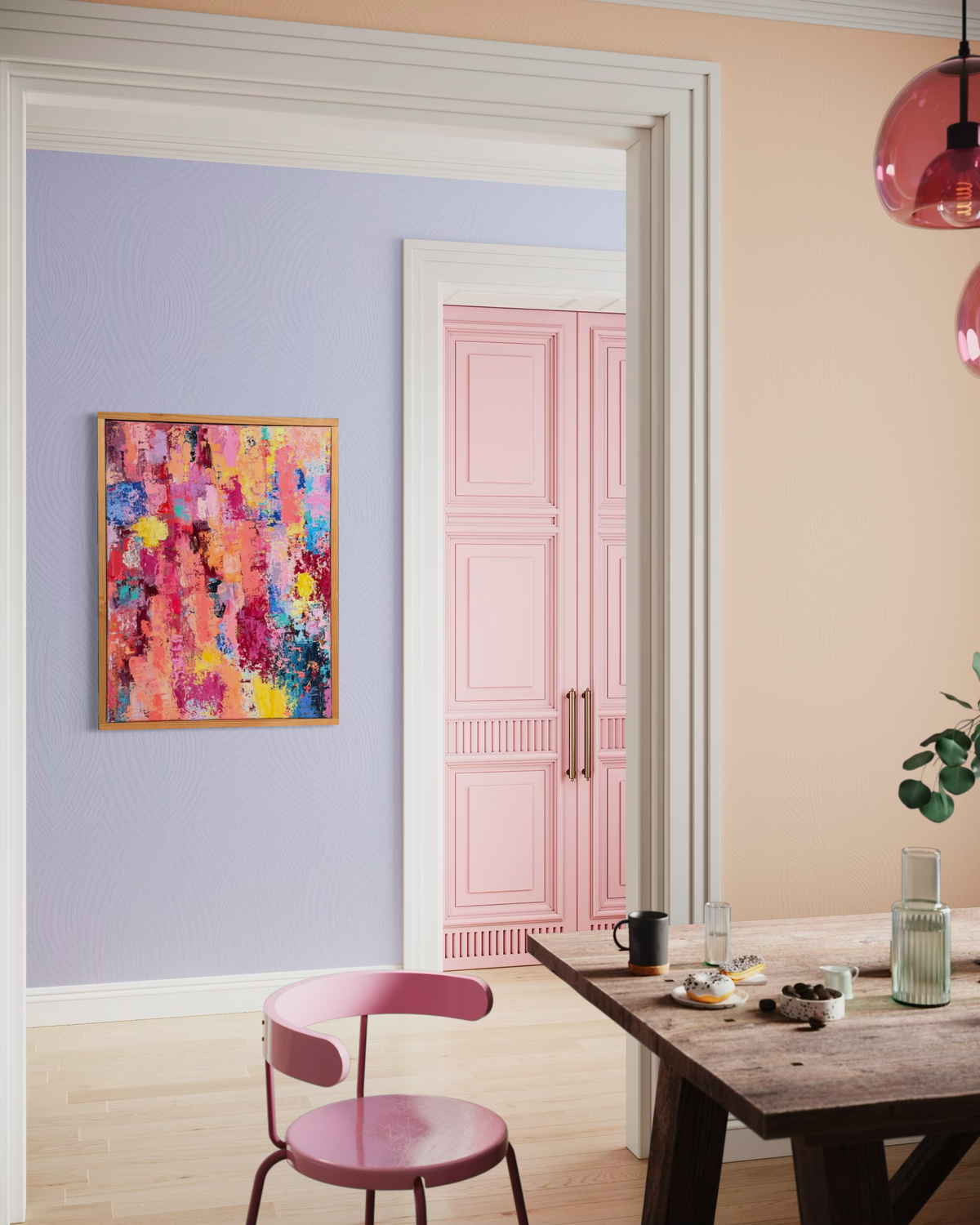 Thought Trains, Like High Voltage Electricity Running Through My Veins shown on a lavender wall through a doorway, near a rustic table and pink chair.