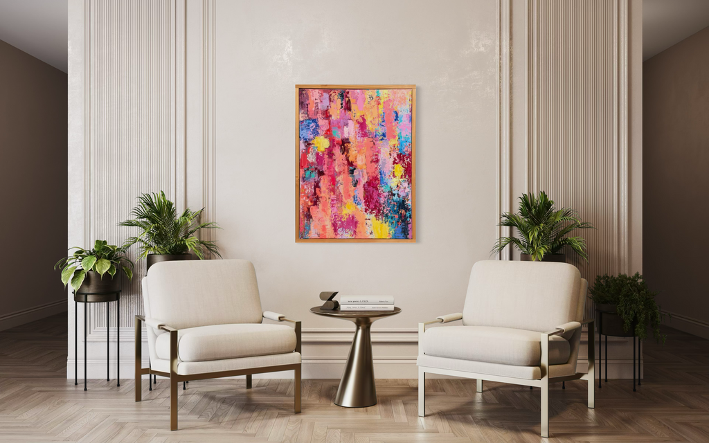 Thought Trains, Like High Voltage Electricity Running Through My Veins hanging between two cream armchairs in an elegant paneled sitting room, a bright burst of pink, coral and blue.