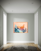 I Have My Own Gravity hanging at the end of a quiet gray hallway, its burst of orange and blue splatter framed in warm wood.