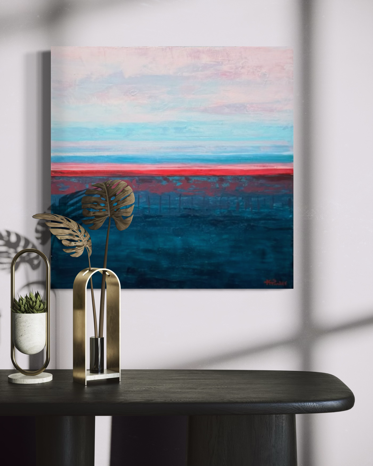 Rest in Your Peace, a square seascape in acrylic on stretched canvas: a pale pink and sky-blue horizon over textured deep teal water, split by a thin coral line, above a black console.