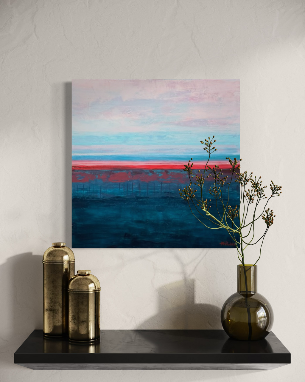 Rest in Your Peace shown above a black floating shelf with brass vases and wild sprigs, its peaceful horizon glowing coral.