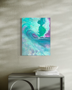 The Undertow of Memory hanging on a sunlit plaster wall above a gray cabinet, its luminous aqua and emerald wave curling inward.