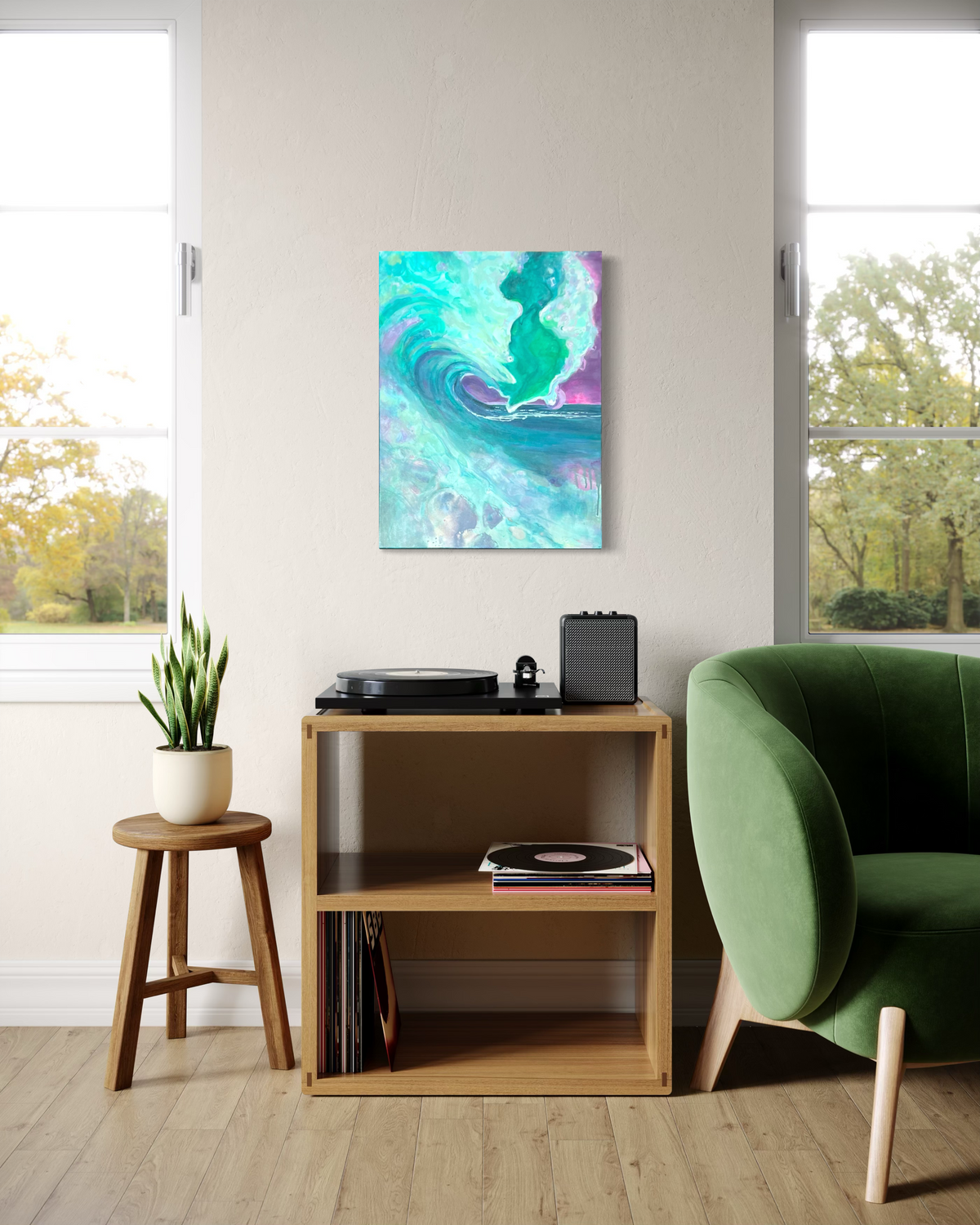 The Undertow of Memory, in mixed media on stretched canvas: a curling emerald and aqua wave touched with violet, shown above a wooden record cabinet beside a green armchair.