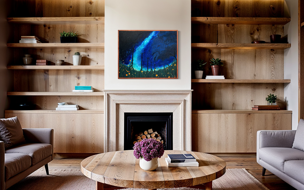 The View From The Grass shown above a fireplace in a living room with wooden shelves, its starry blue night sky and firefly-lit meadow glowing in a copper frame.