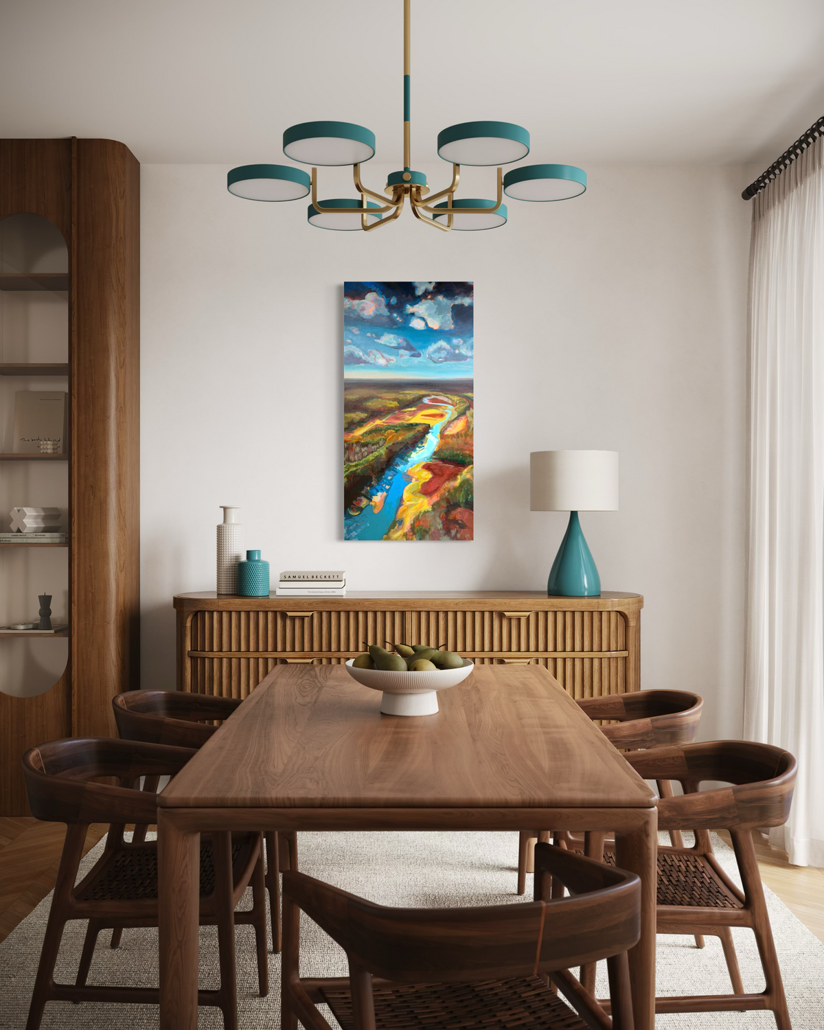 Where the Cahaba Winds hanging in a warm dining room above a wooden sideboard, its winding blue river and red, yellow and green land glowing over the table.